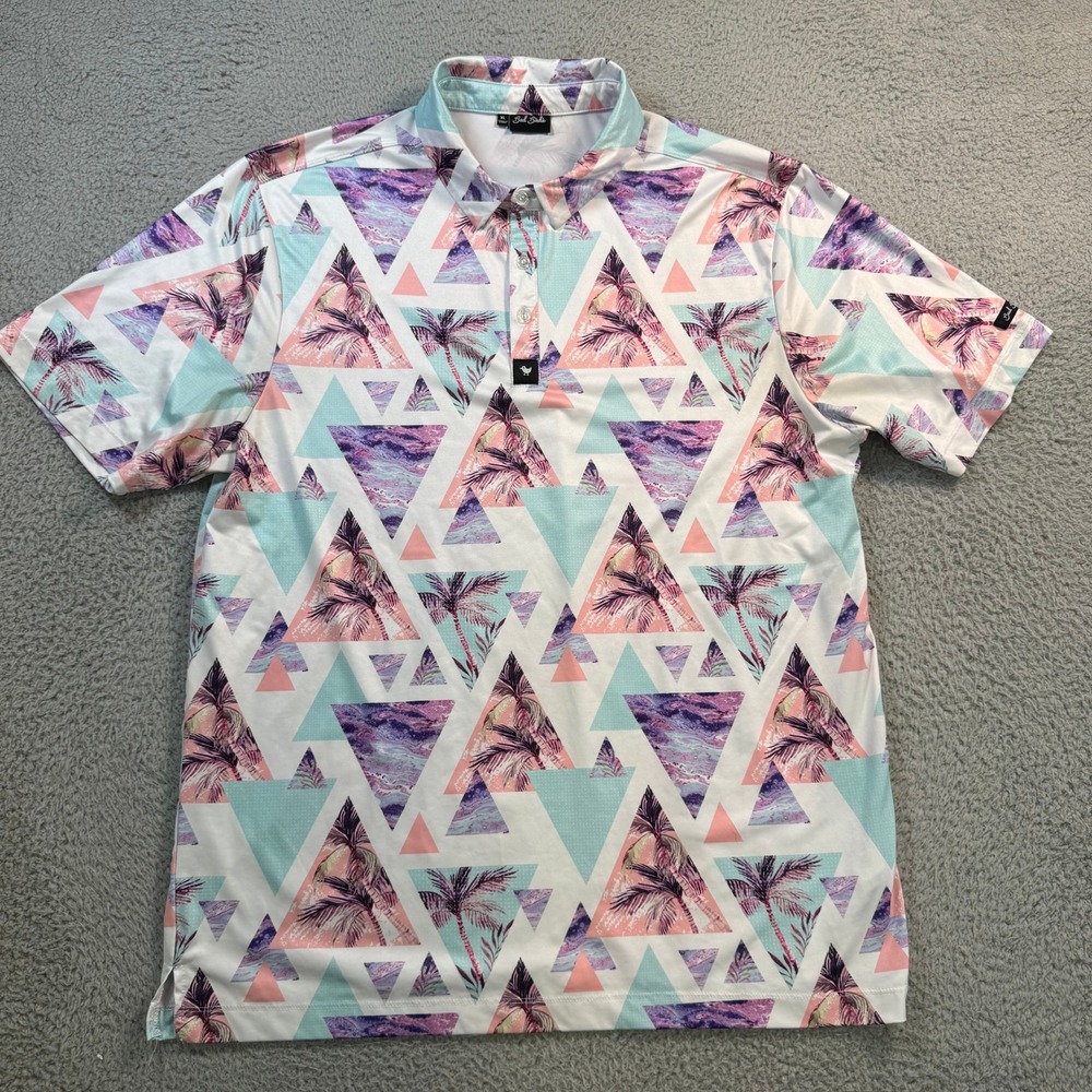 Bad Birdie Mens XL Geometric Palm Tree Golf Polo Shirt White Teal Pink 11136